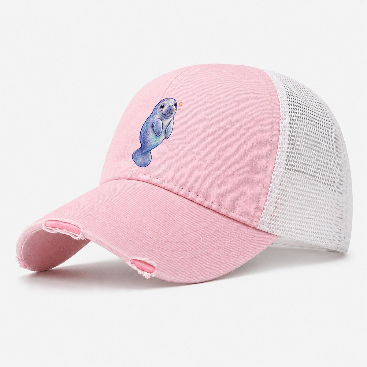 Manatee Upward Float Sea Sprite Washed Trucker Hat – Light Pink