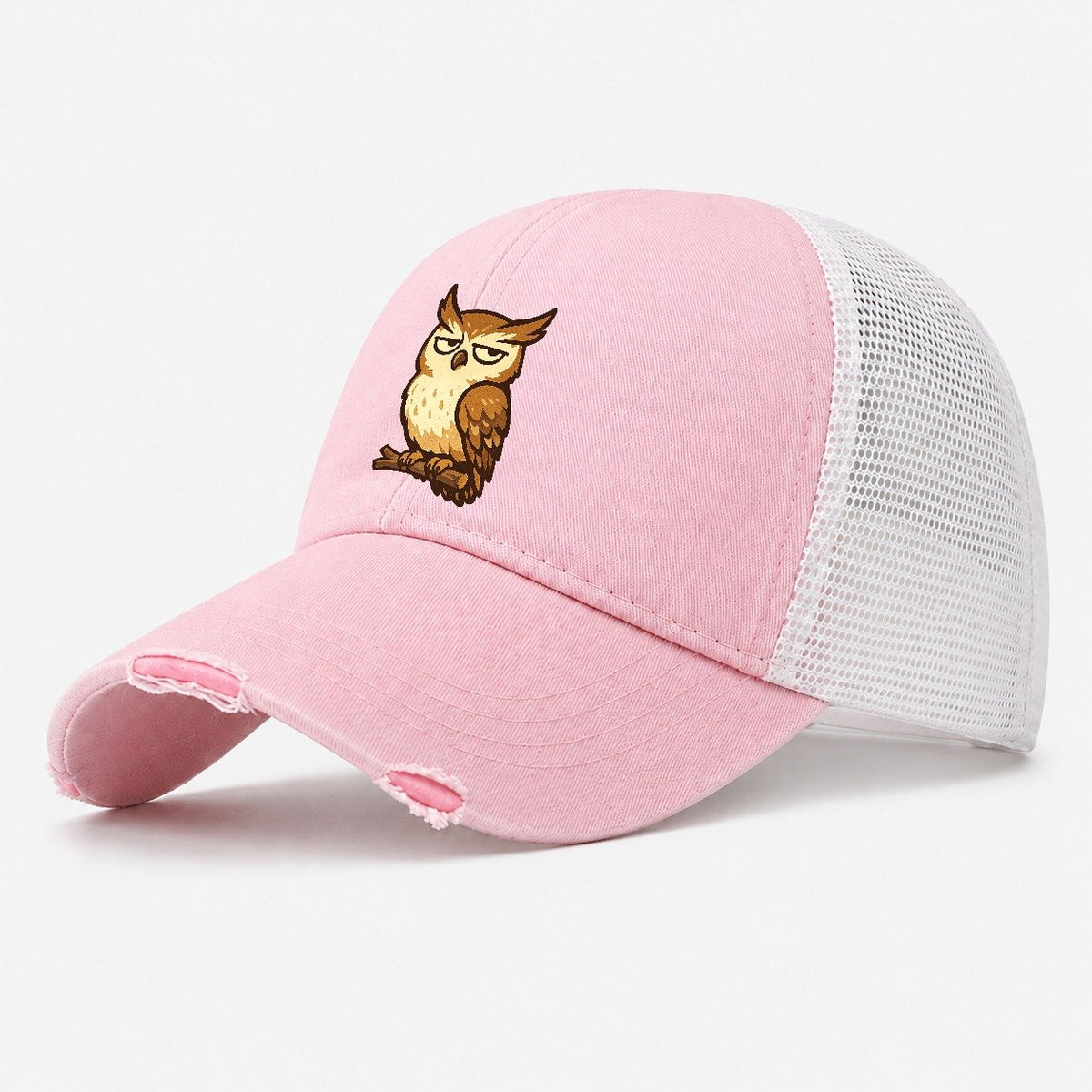Grumpy Owl on Branch Washed Trucker Hat – Light Pink