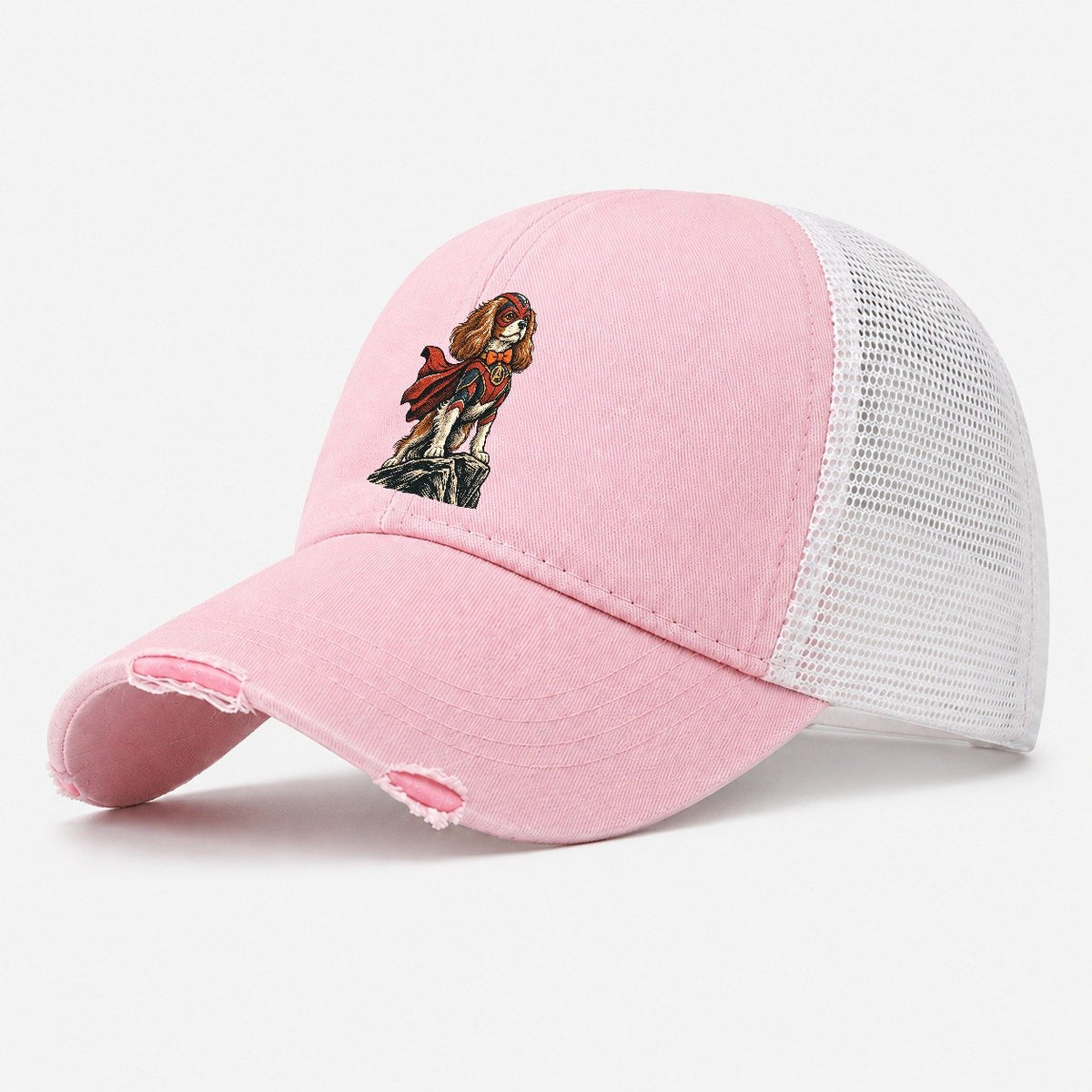 Caped Superhero Spaniel Washed Trucker Hat – Light Pink