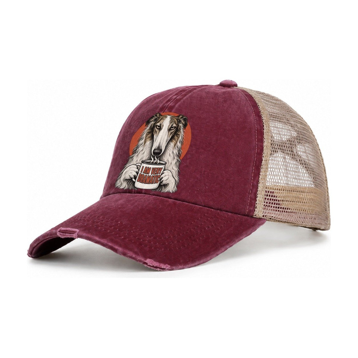 Borzoi Mug Truths Dog Mug Truths Women's Ponytail Trucker Hat – Burgundy Khaki