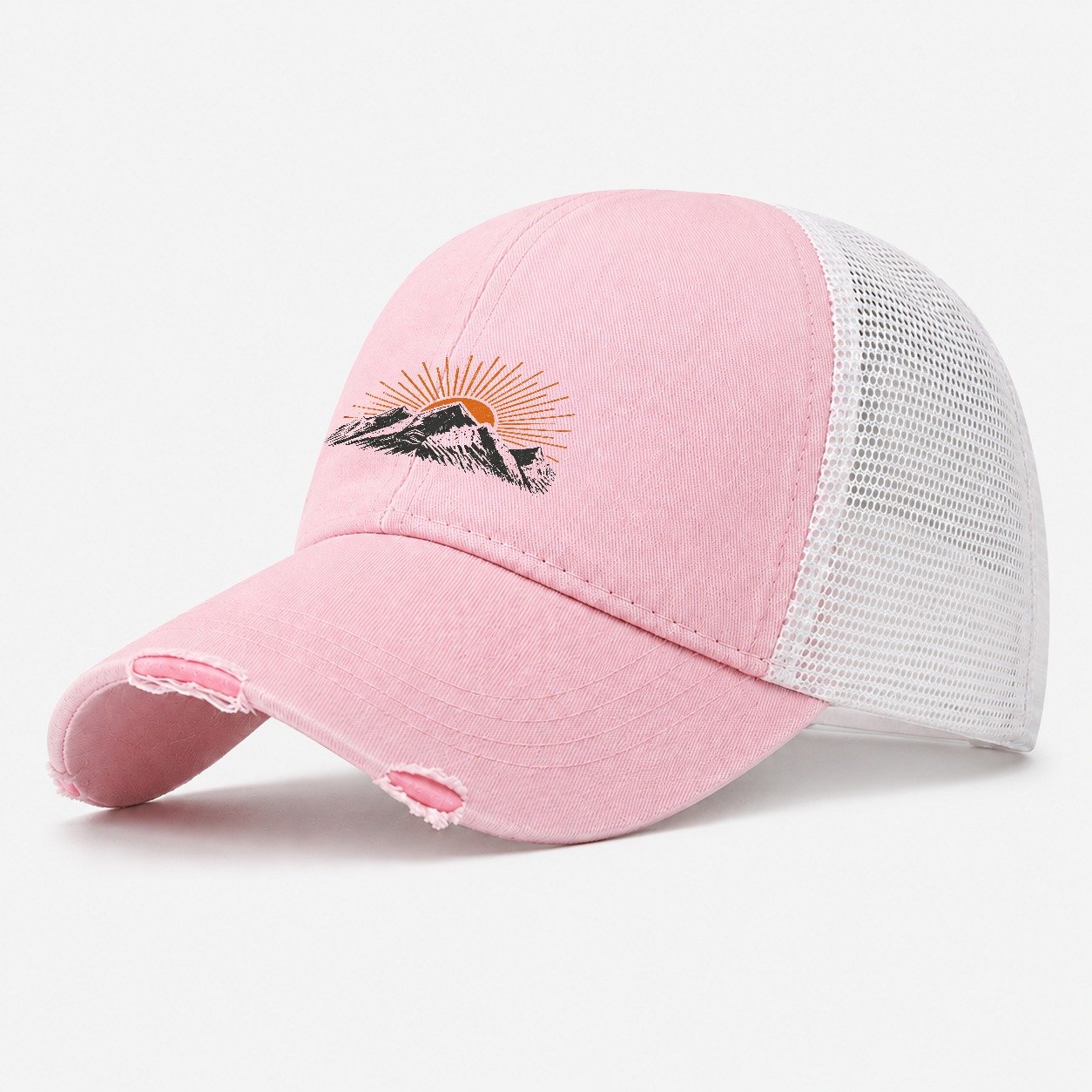 Retro Sunburst Peaks Washed Trucker Hat – Light Pink
