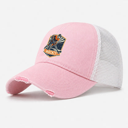 Vintage Screenprint Ice Hockey Player Washed Trucker Hat – Light Pink