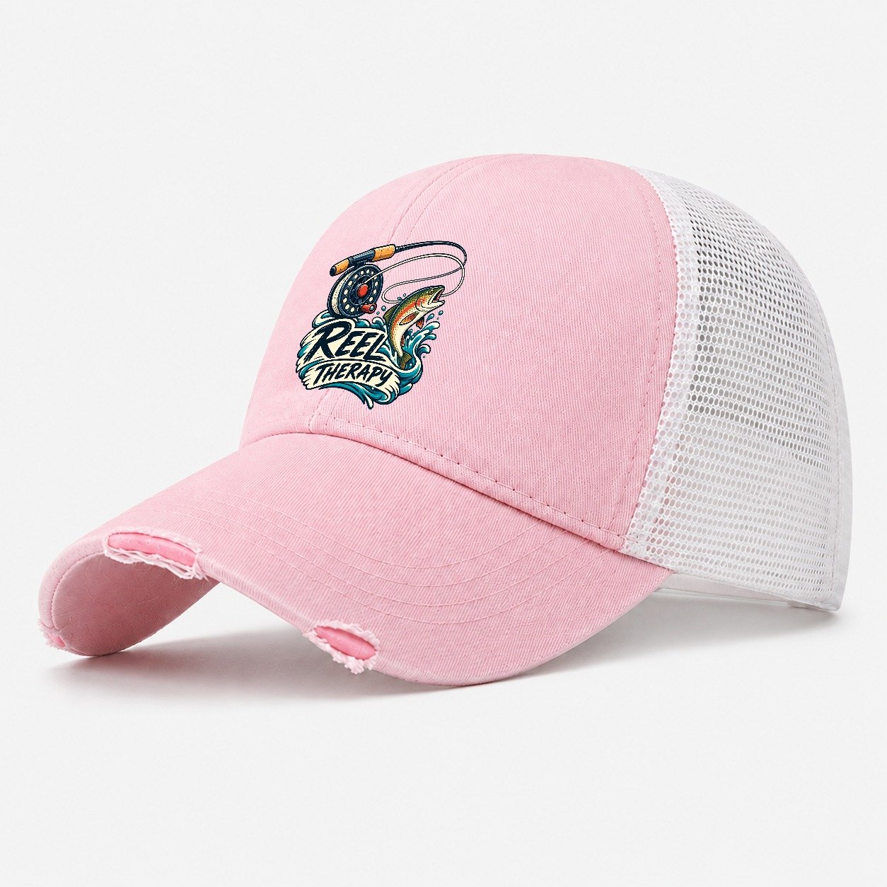 Reel Therapy Fishing Elegant Washed Trucker Hat – Light Pink