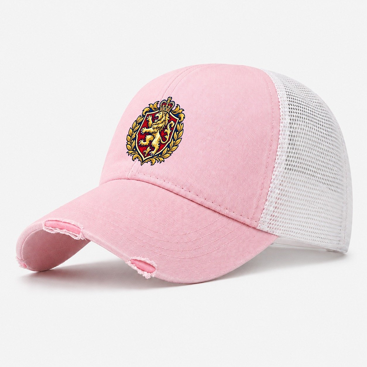 United Kingdom Heraldic Crest Country Logos Washed Trucker Hat – Light Pink