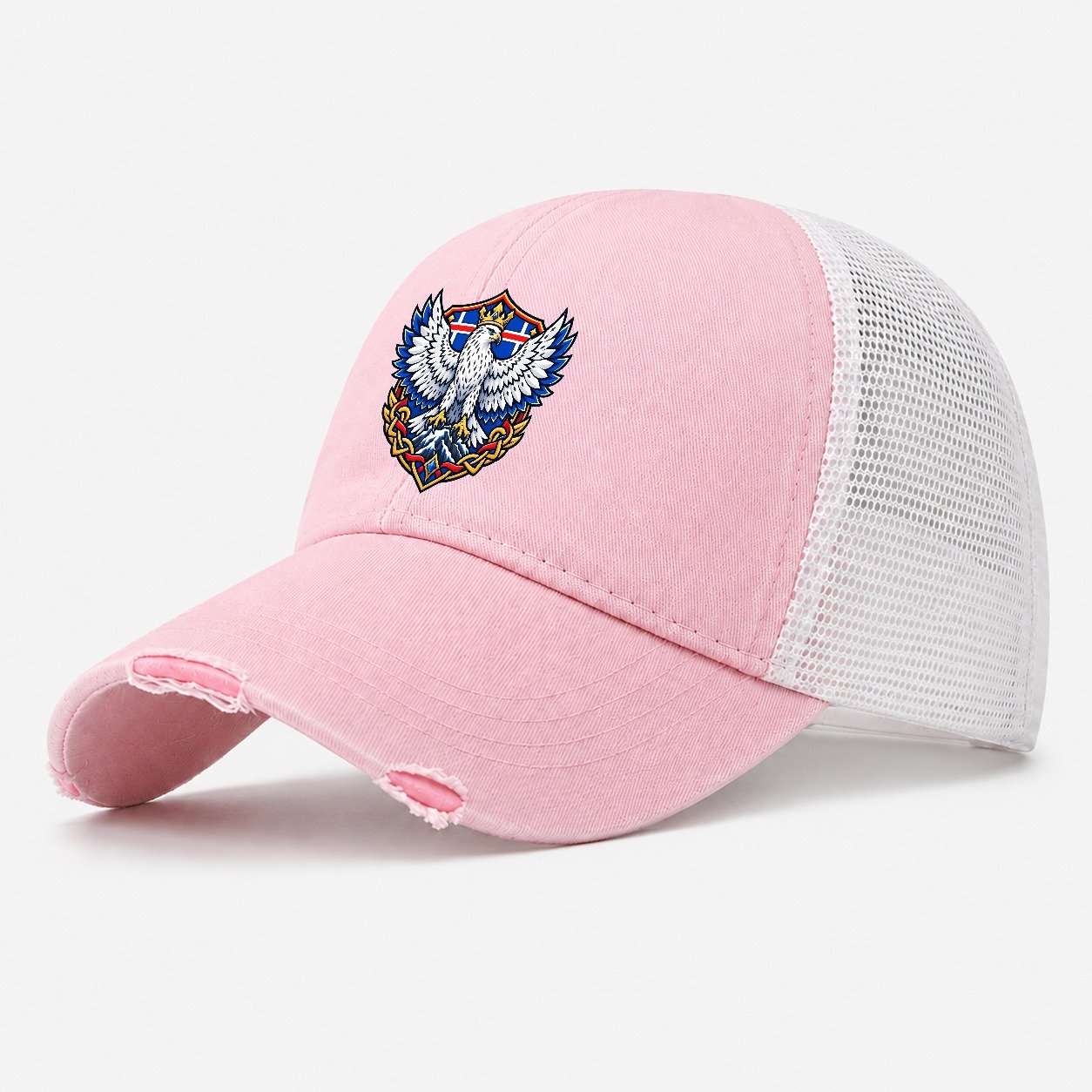 Iceland Heraldic Crest Country Logos Washed Trucker Hat – Light Pink
