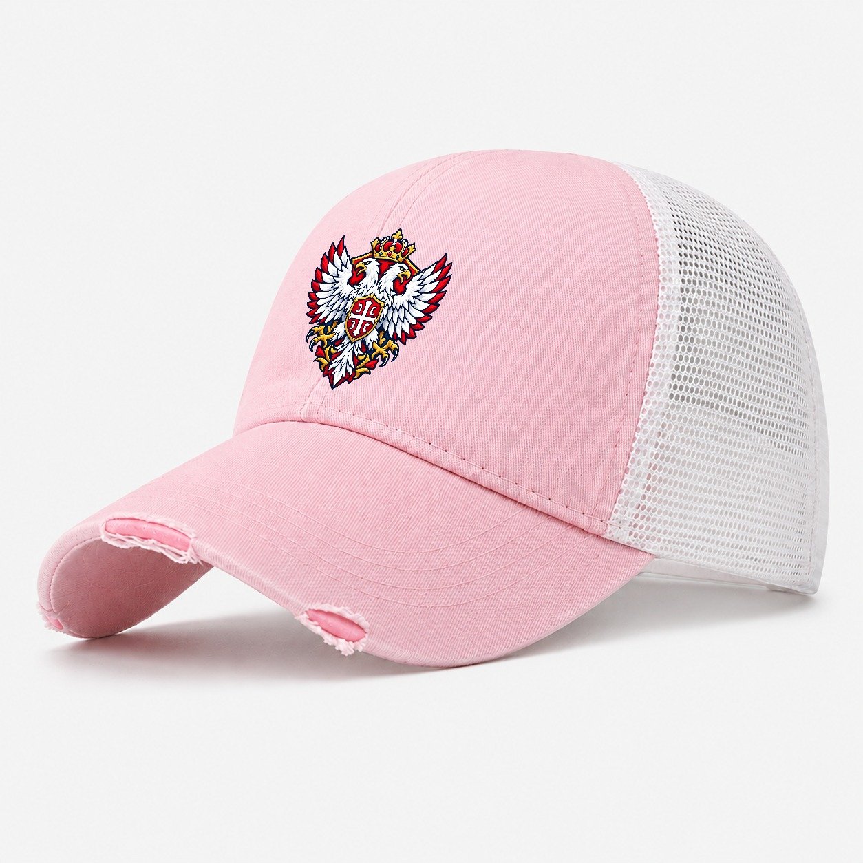 Serbia Minimal Emblem Country Logos Washed Trucker Hat – Light Pink