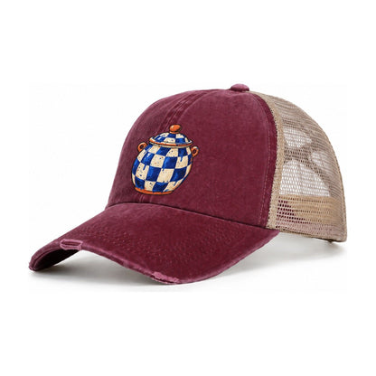 Checker Glaze Jar Clay Color Makers Women's Ponytail Trucker Hat – Burgundy Khaki