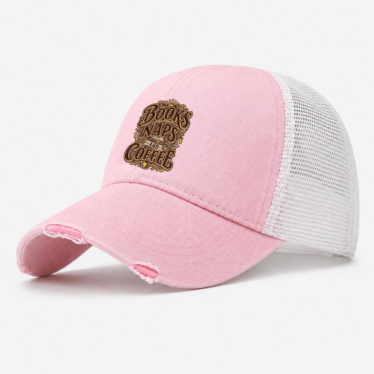 Books Naps And Coffee Retired Living Washed Trucker Hat – Light Pink