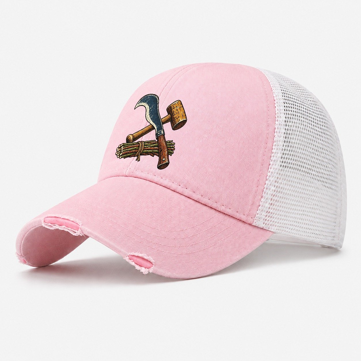 Hedgelayer Billhook Mallet And Hazel Rods Uk Culture Heritage Washed Trucker Hat – Light Pink