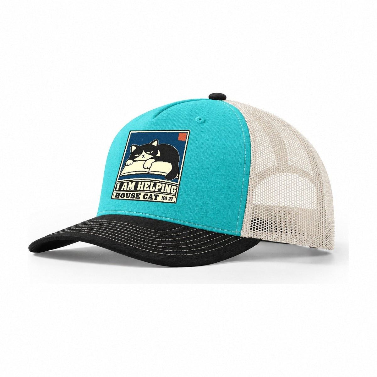 I Am Helping Neko Says No Trucker Hat – Aqua Black White