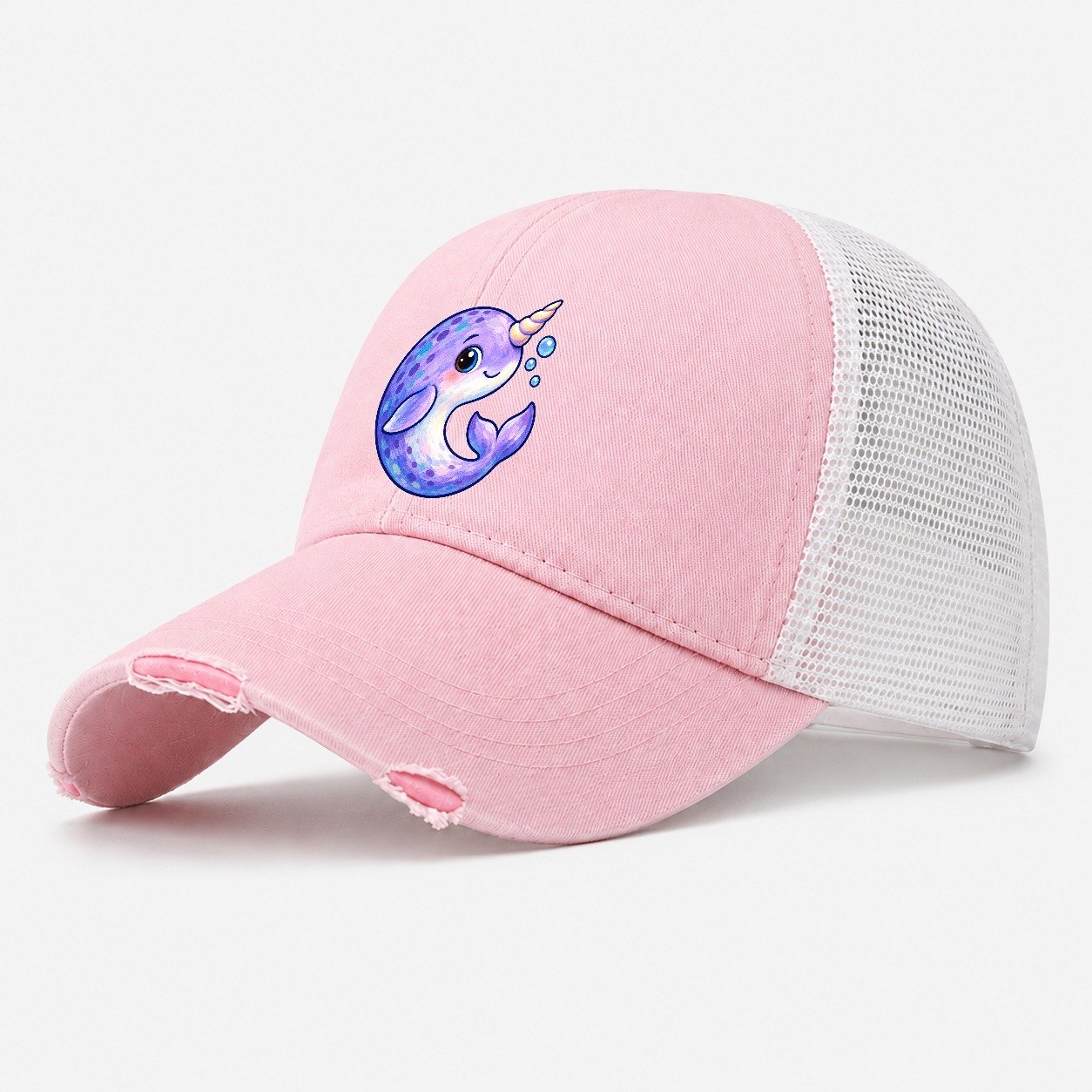 Narwhal Crescent Curl Sea Sprite Washed Trucker Hat – Light Pink