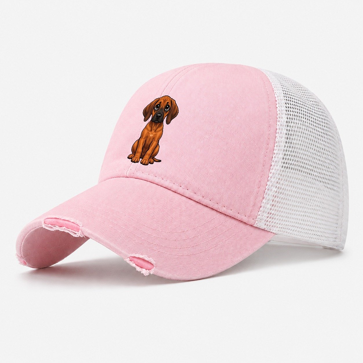 Rhodesian Ridgeback Sitting Sweetheart Washed Trucker Hat – Light Pink