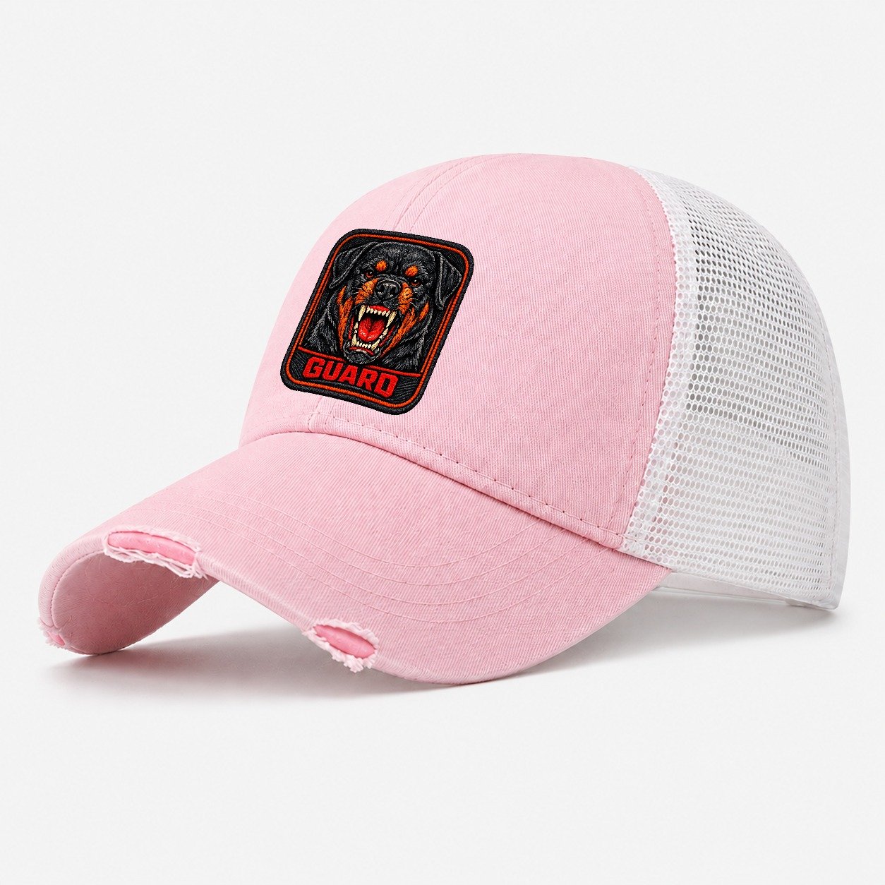 Rottweiler Guard Badge Washed Trucker Hat – Light Pink