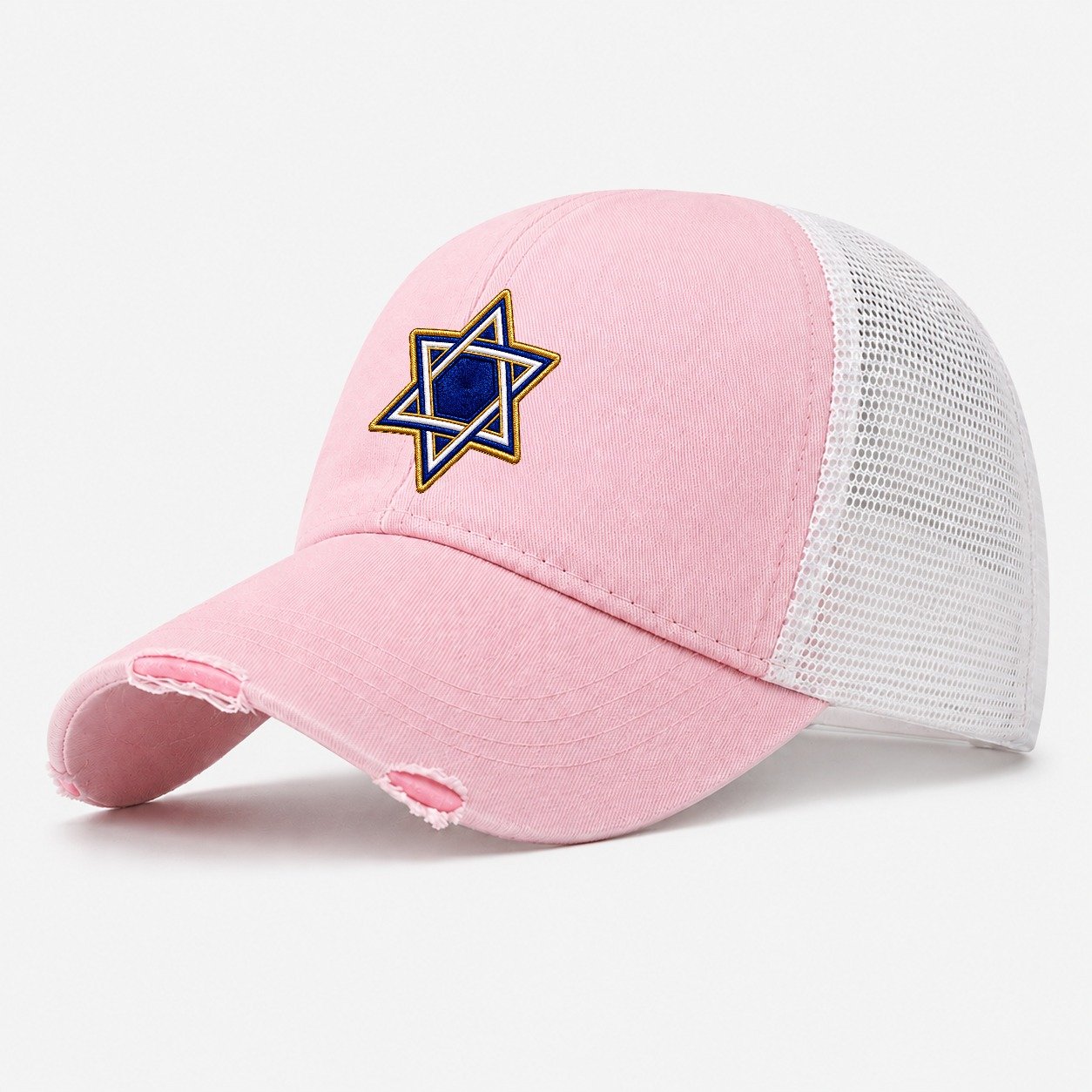 Star Of David Embroidered Patch Judaism Heritage Washed Trucker Hat – Light Pink