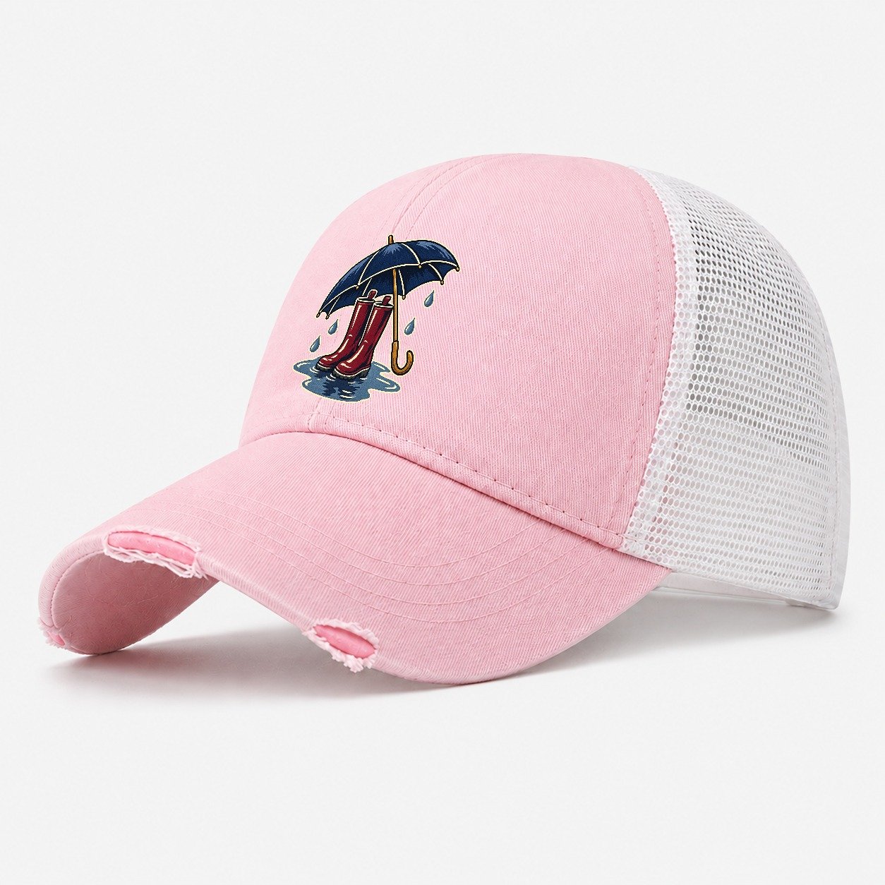 Rainy Day Umbrella And Wellington Boots Uk Culture Heritage Washed Trucker Hat – Light Pink
