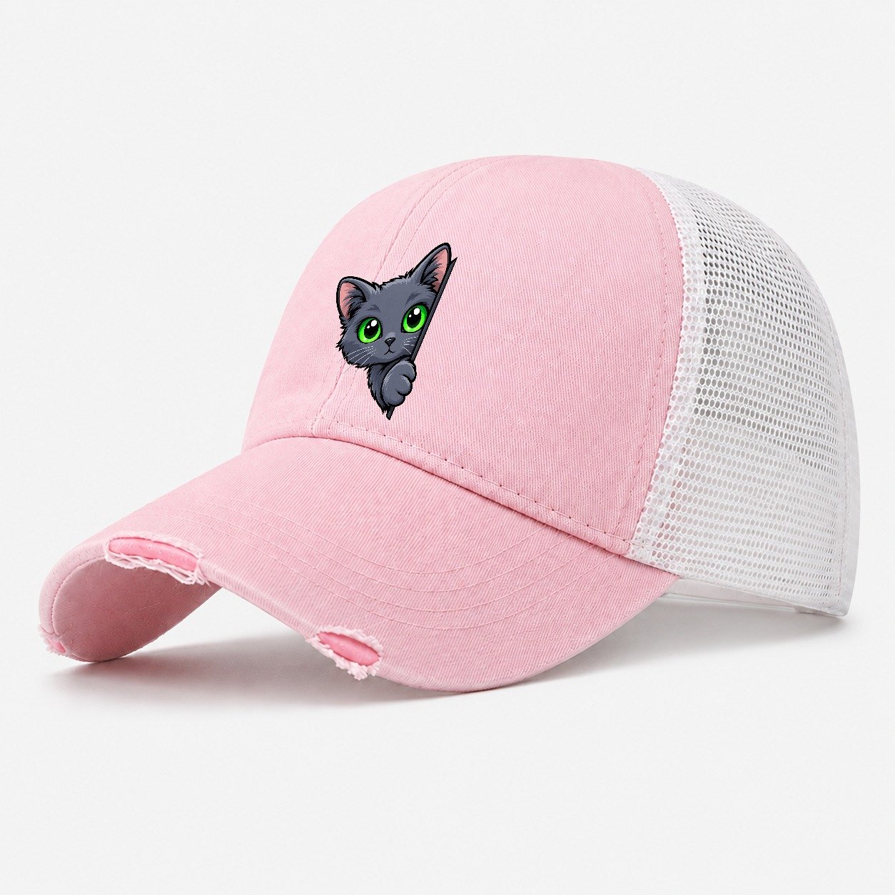 Russian Blue Side Peek Peeking Cats Washed Trucker Hat – Light Pink