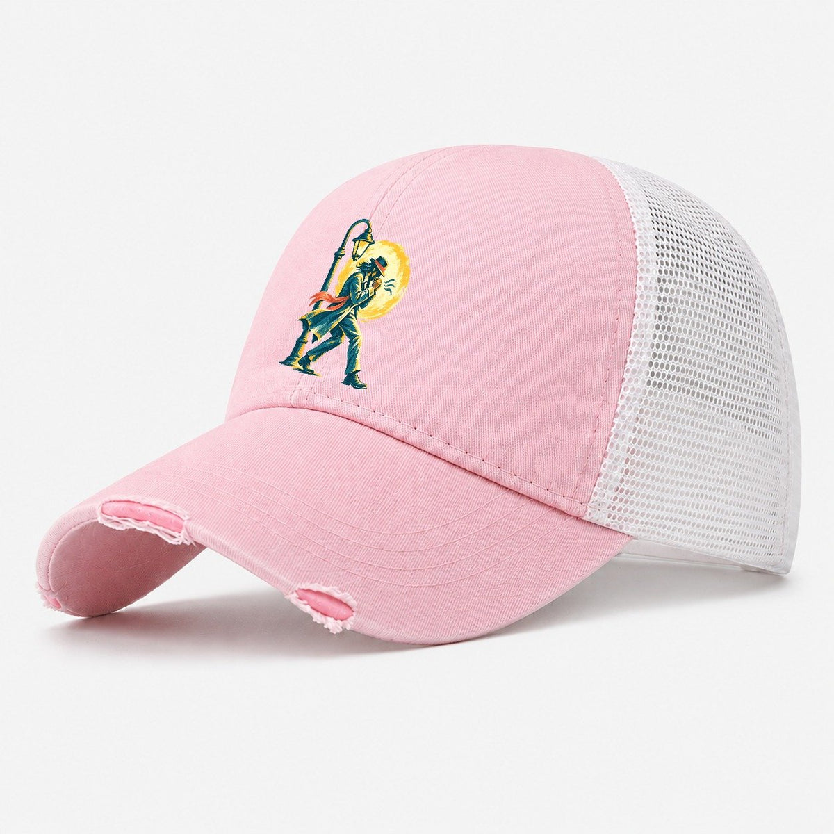 Man in Hat by Lamppost Washed Trucker Hat – Light Pink