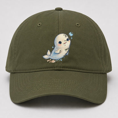 Beluga Whale Bubble Rise Sea Sprite Baseball Cap – Army Green