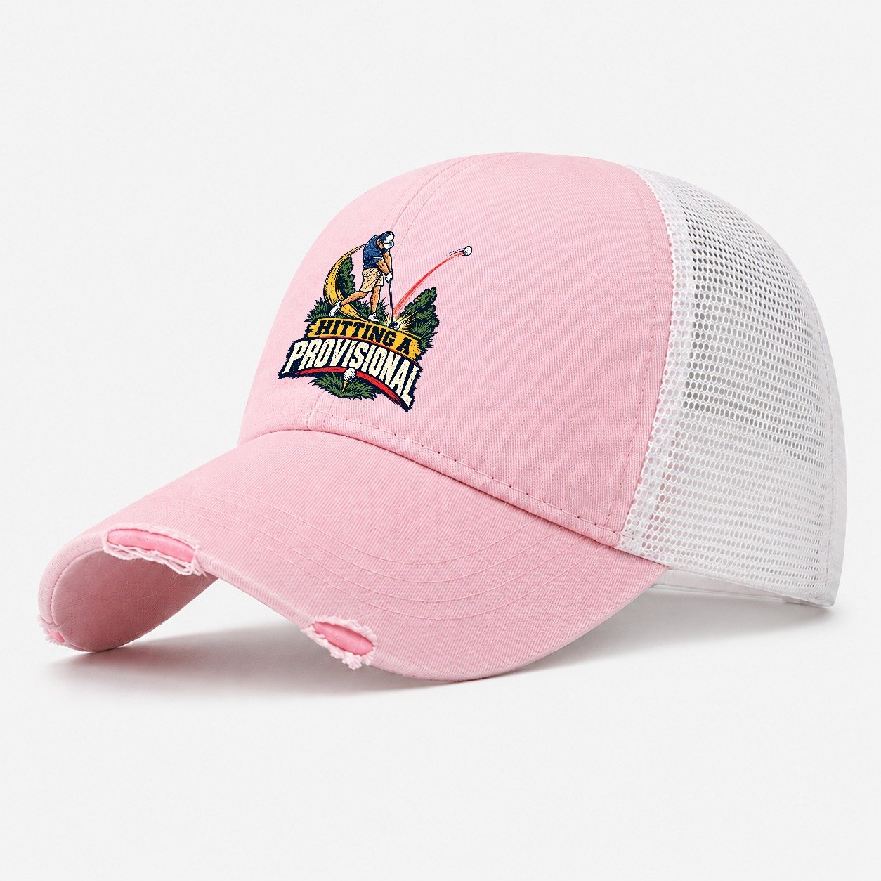 Hitting A Provisional Golf Life Washed Trucker Hat – Light Pink