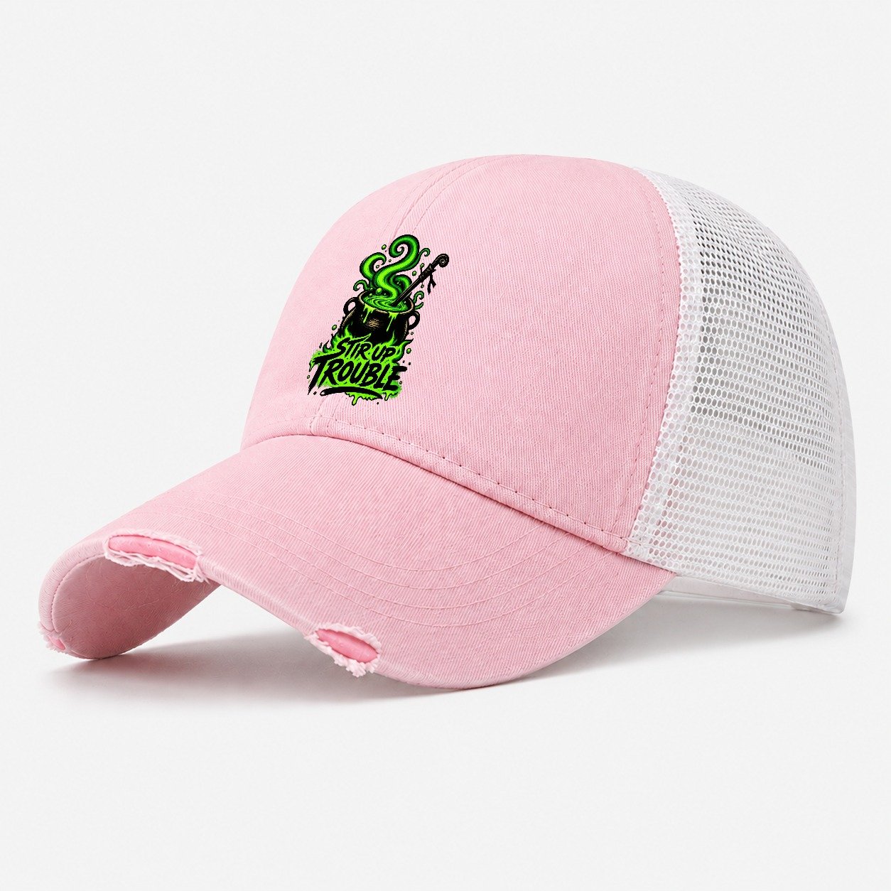 Stir Up Trouble Slogan Witch Magic Washed Trucker Hat – Light Pink