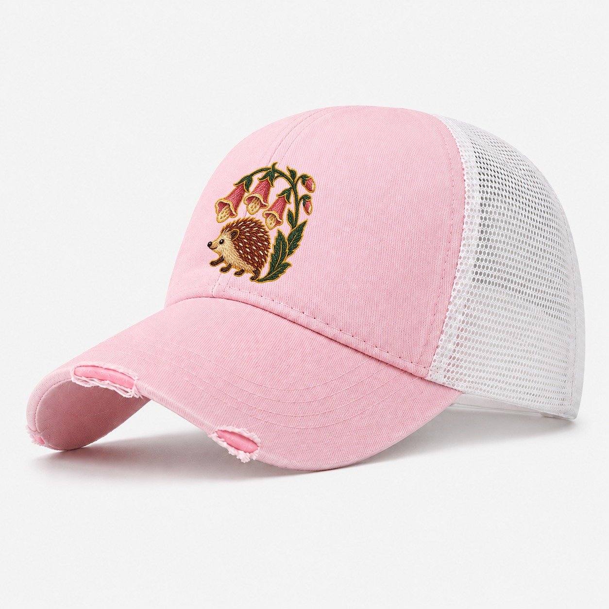 English Foxglove And Hedgehog Uk Culture Heritage Washed Trucker Hat – Light Pink