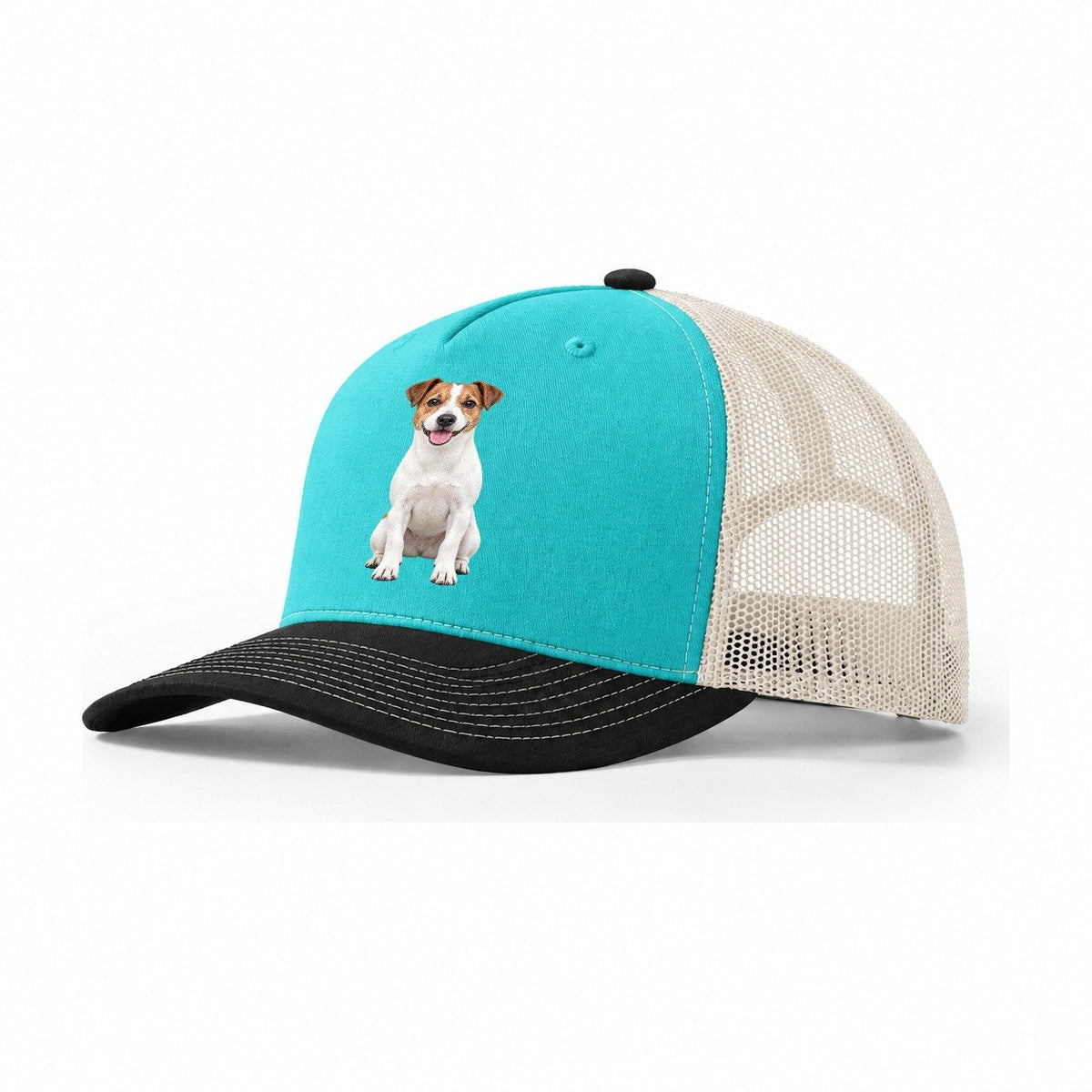Jack Russell Terrier Sitting Top Breeds Trucker Hat – Aqua Black White