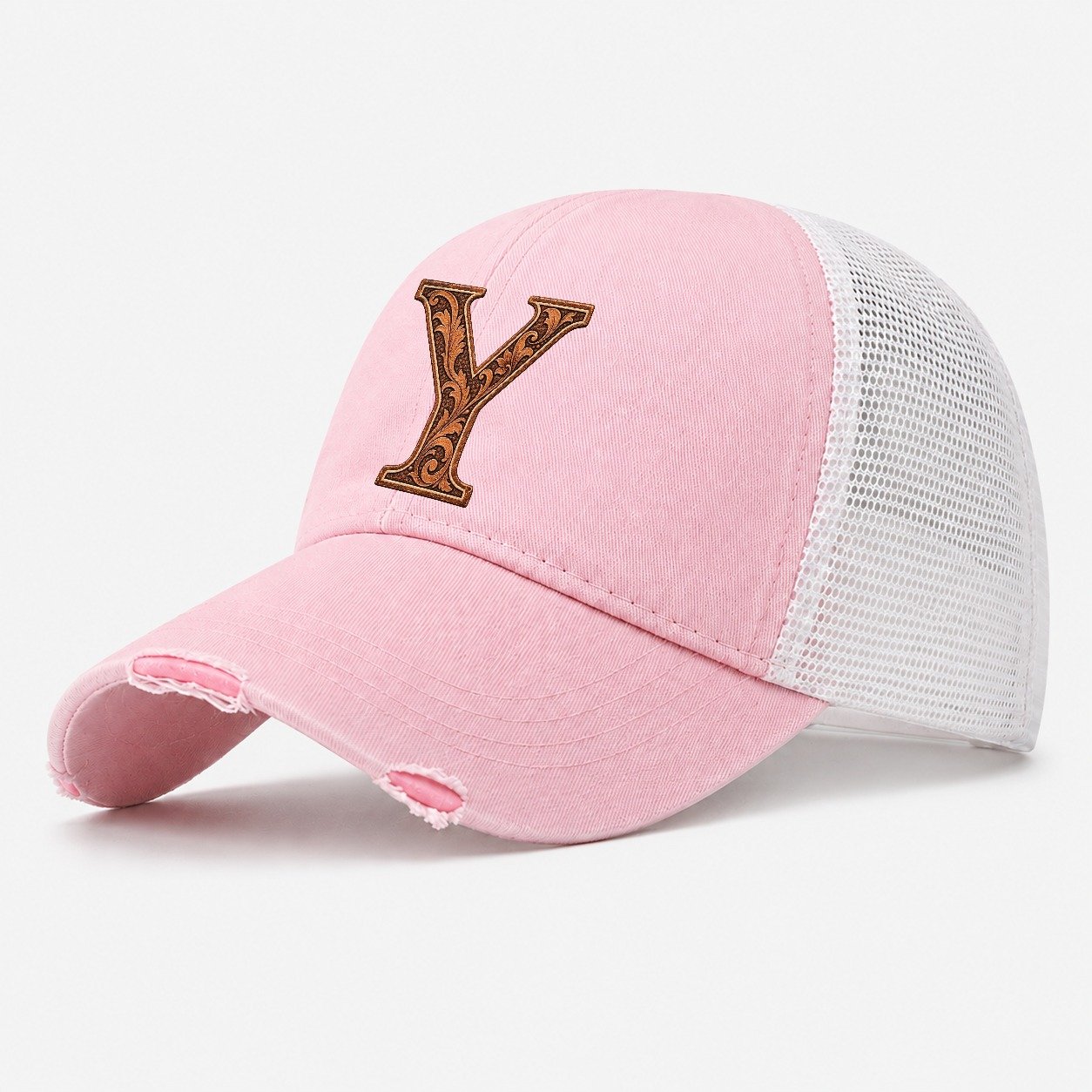 Tooled Leather Y Monogram Washed Trucker Hat – Light Pink