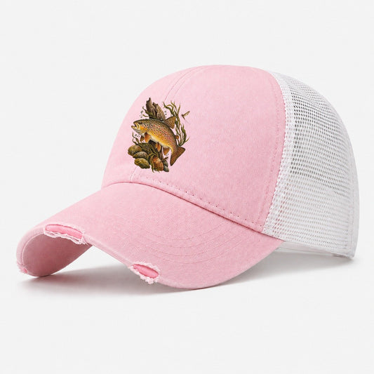 Brown Trout Specimen Study Fishing Club Washed Trucker Hat – Light Pink