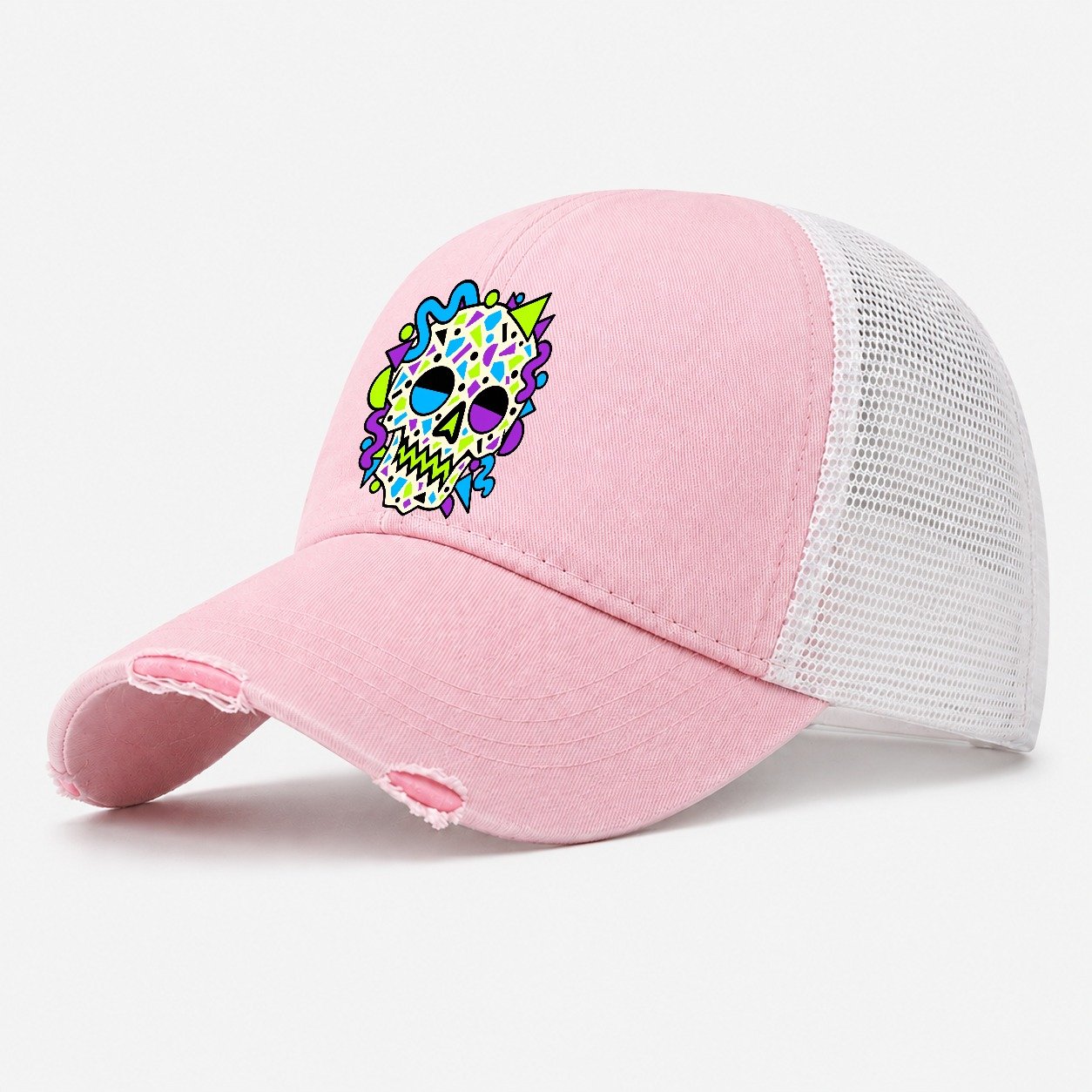 Confetti Skull Crazy Styles Washed Trucker Hat – Light Pink