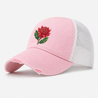 New South Wales Waratah Bloom Australia Cultural Icons Washed Trucker Hat – Light Pink