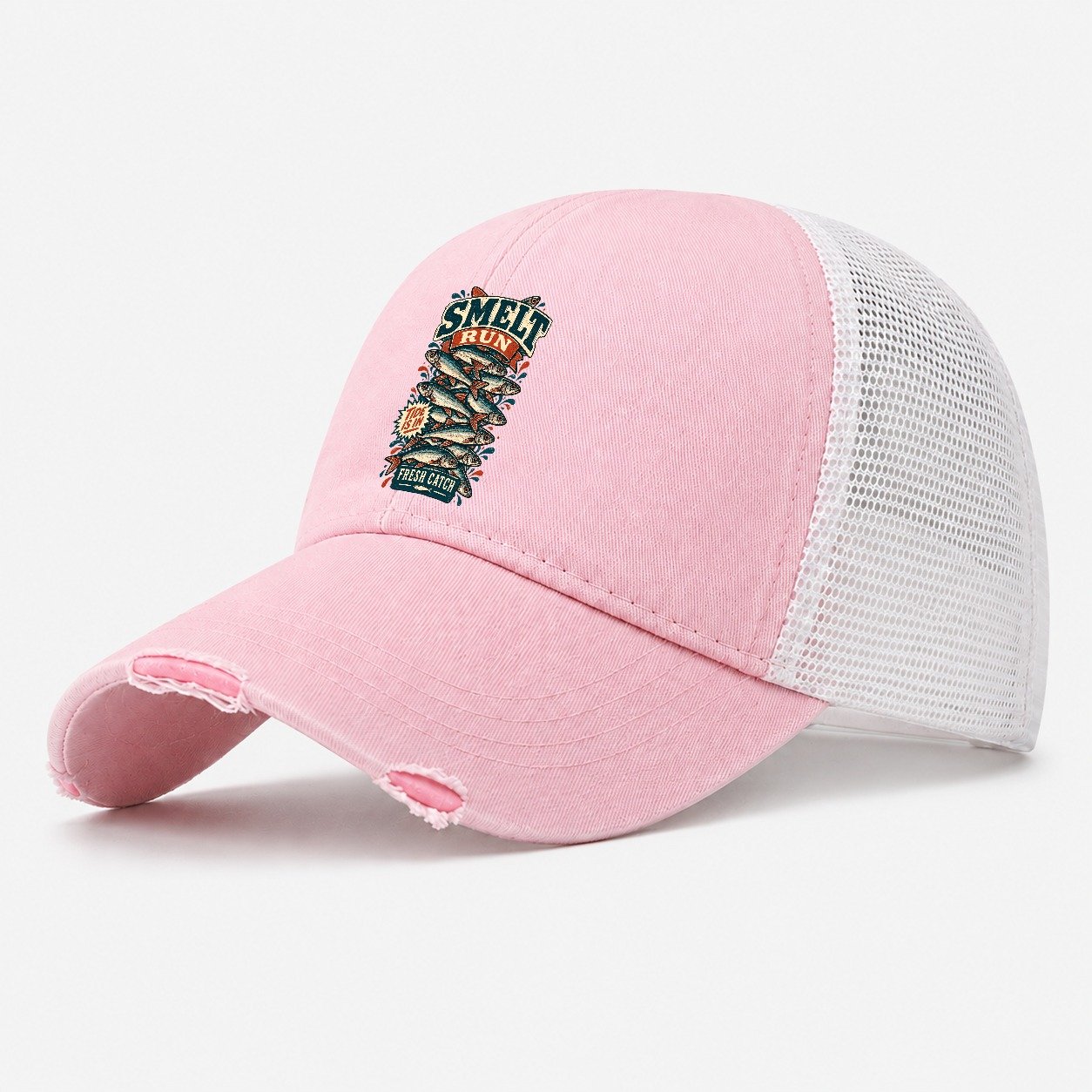 Smelt Run Column Fishing Club Washed Trucker Hat – Light Pink