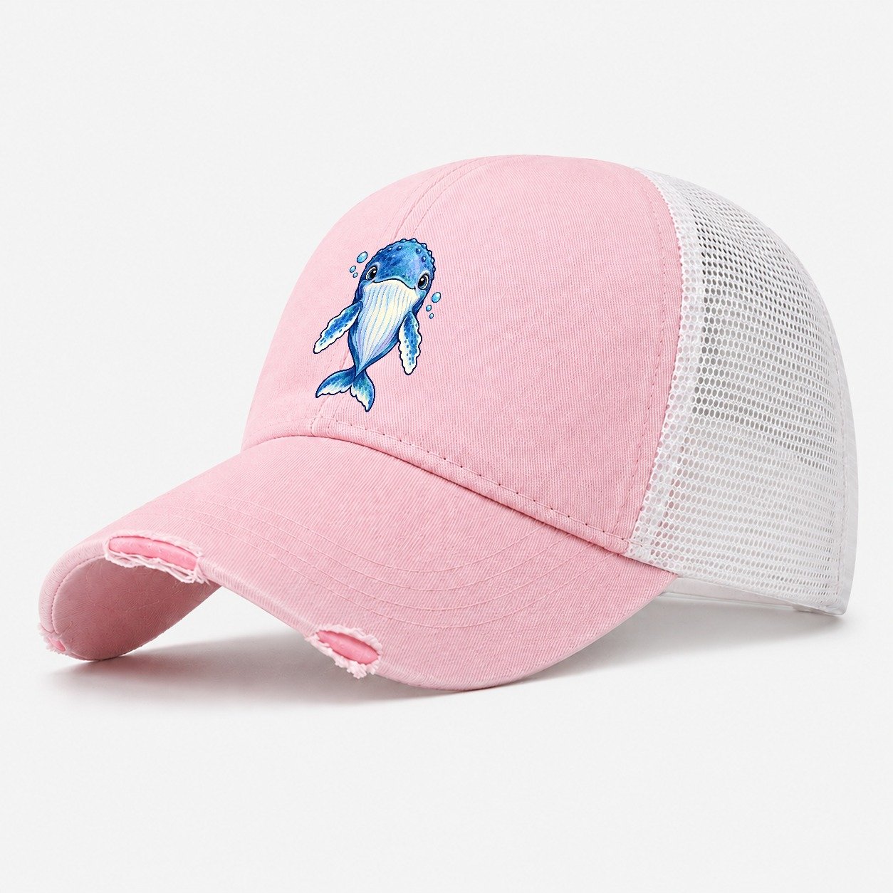 Humpback Whale Front Float Sea Sprite Washed Trucker Hat – Light Pink