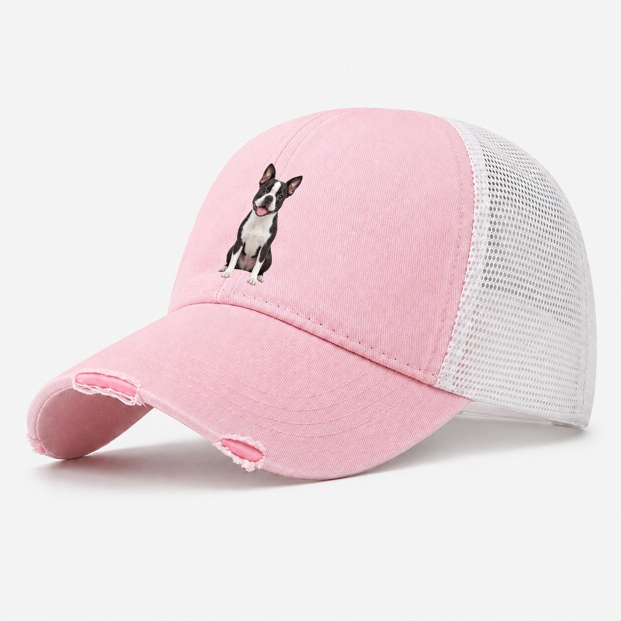 Boston Terrier Sitting Top Breeds Washed Trucker Hat – Light Pink
