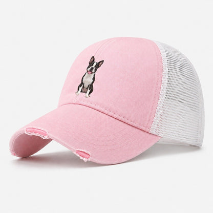 Boston Terrier Sitting Top Breeds Washed Trucker Hat – Light Pink