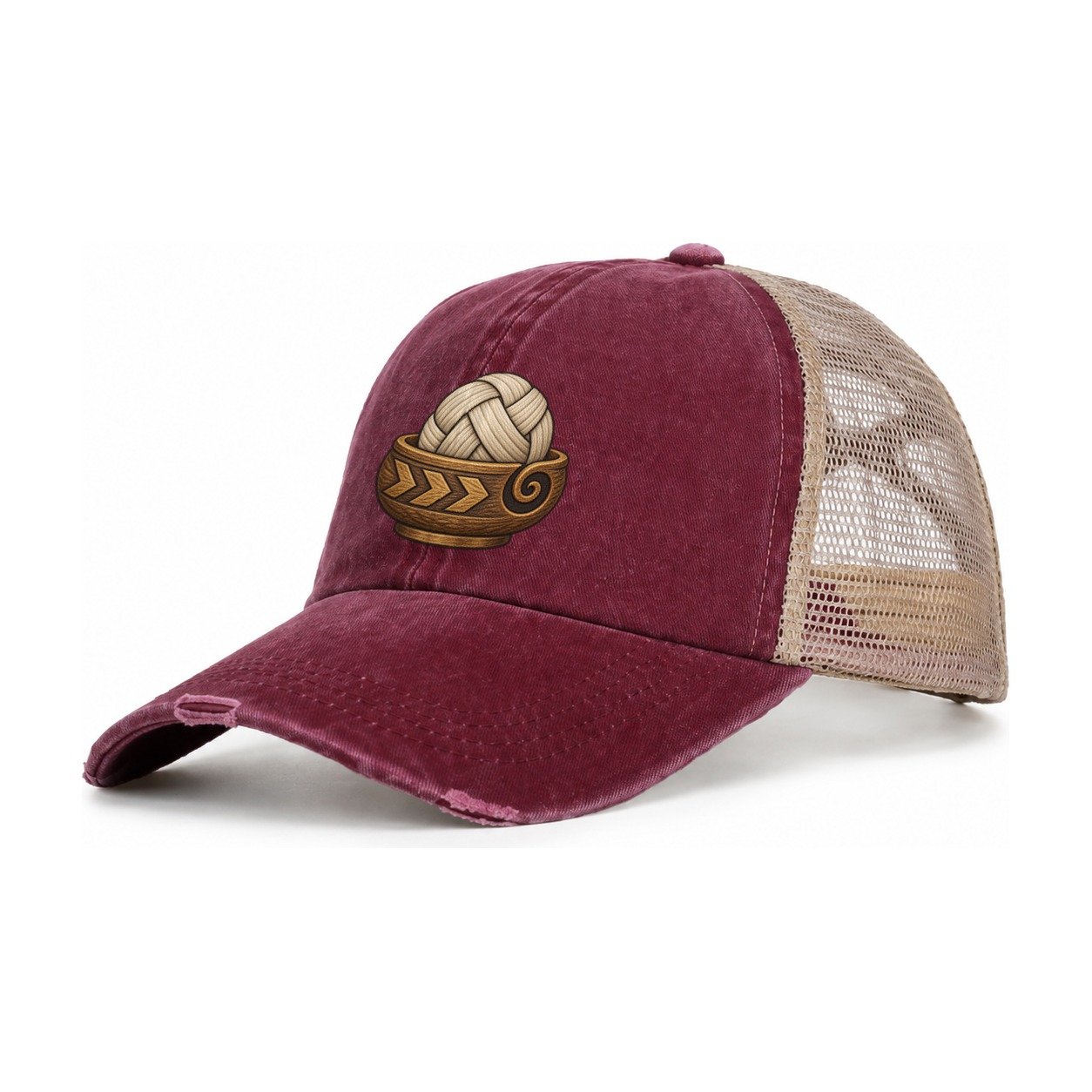 Carved Yarn Bowl Yarn Crafts Women's Ponytail Trucker Hat – Burgundy Khaki