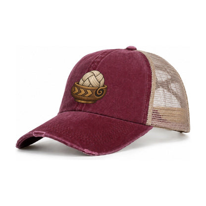 Carved Yarn Bowl Yarn Crafts Women's Ponytail Trucker Hat – Burgundy Khaki