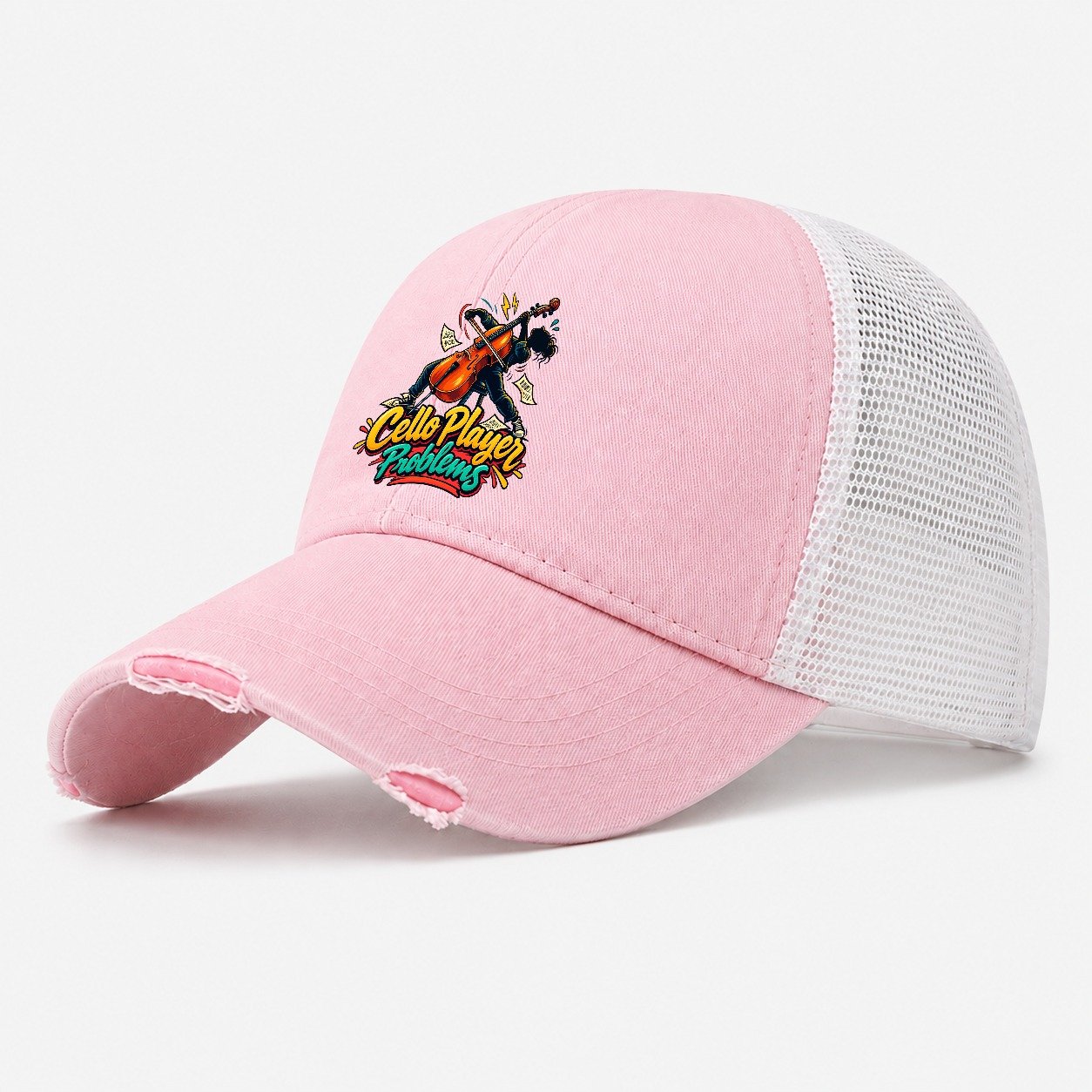 Cello Player Problems Music Instruments Washed Trucker Hat – Light Pink