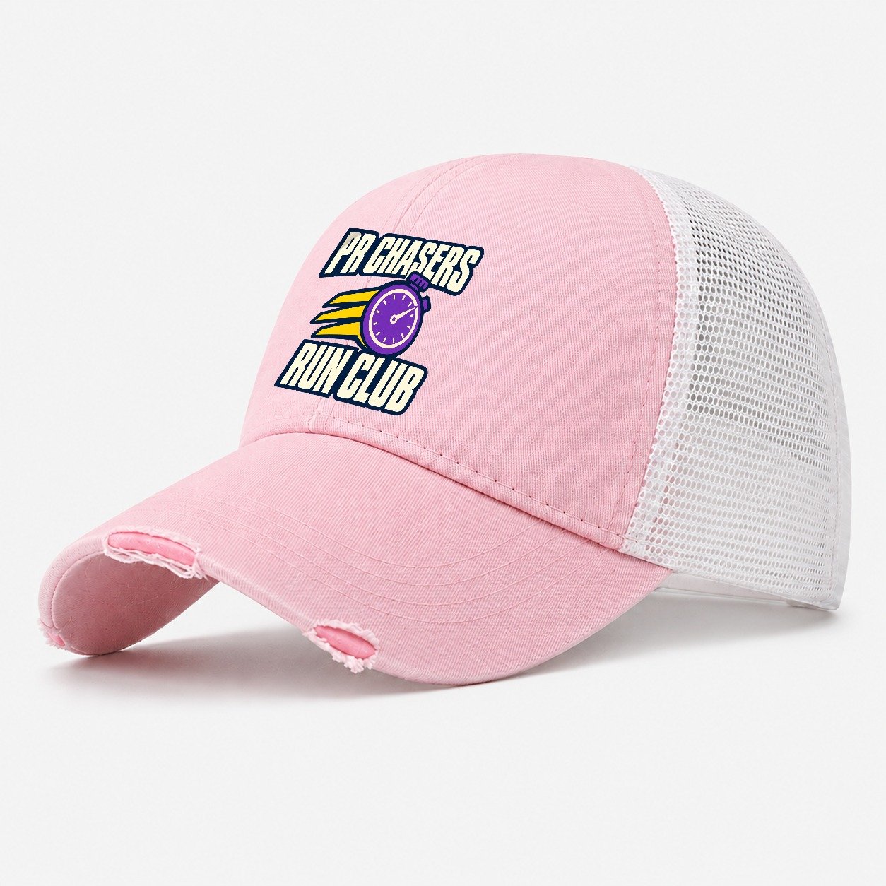 Pr Chasers Run Club 90S Running Clubs Washed Trucker Hat – Light Pink