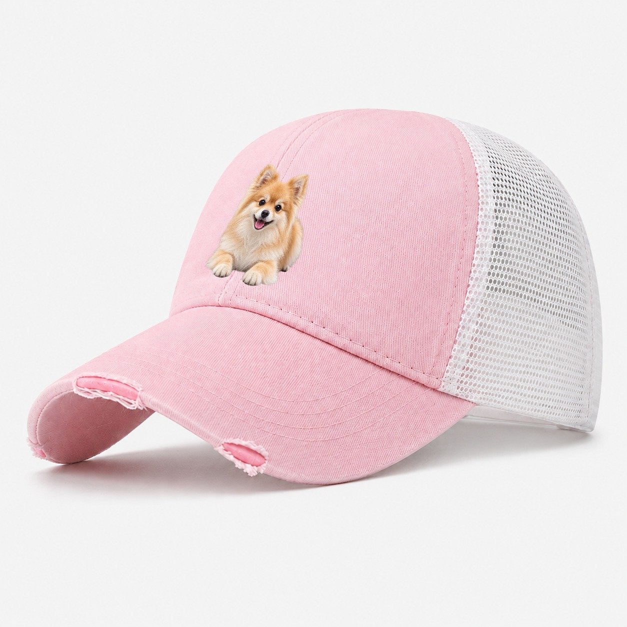 Pomeranian Lying Down Top Breeds Washed Trucker Hat – Light Pink