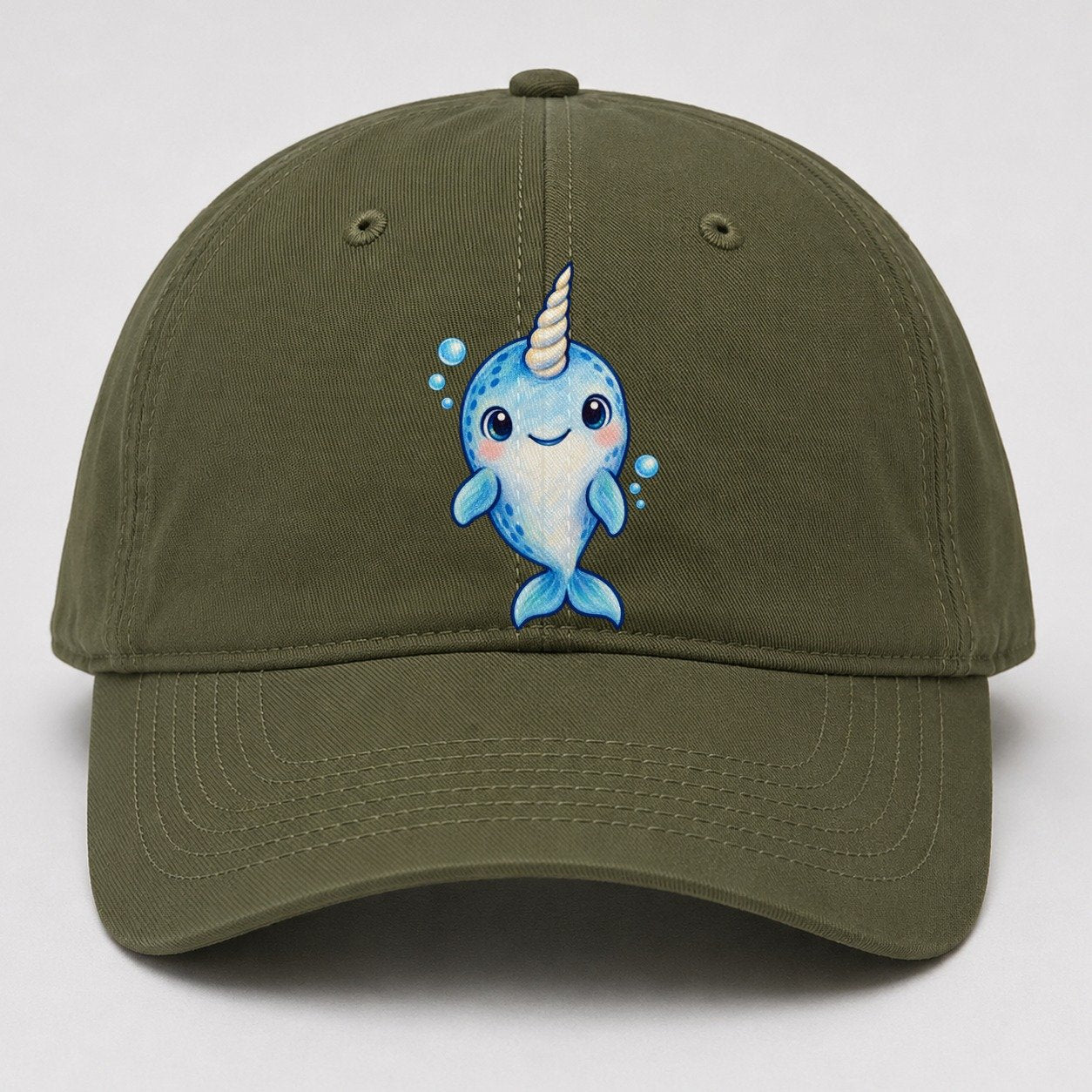 Narwhal Front Tusk Hello Sea Sprite Baseball Cap – Army Green