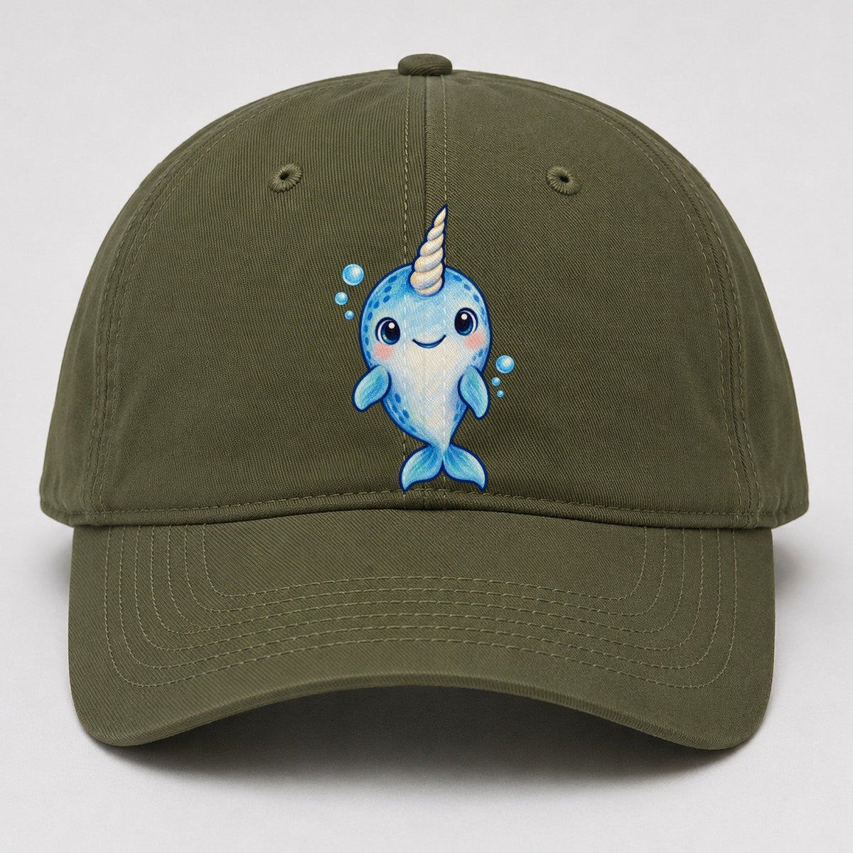 Narwhal Front Tusk Hello Sea Sprite Baseball Cap – Army Green