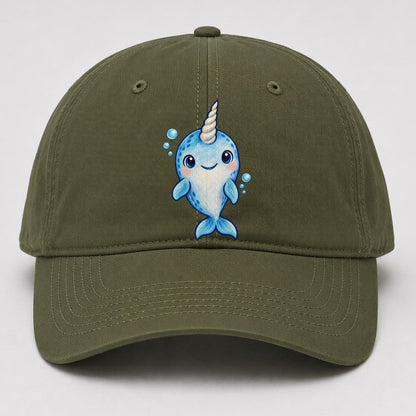 Narwhal Front Tusk Hello Sea Sprite Baseball Cap – Army Green