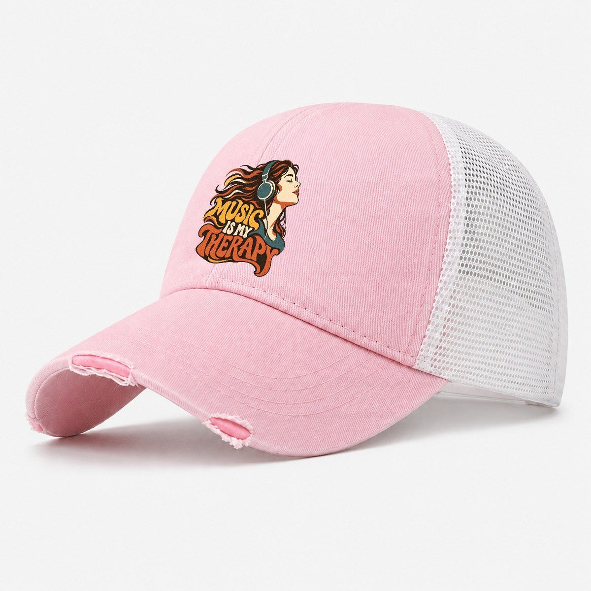 Music Is My Therapy Headphones Girl Washed Trucker Hat – Light Pink