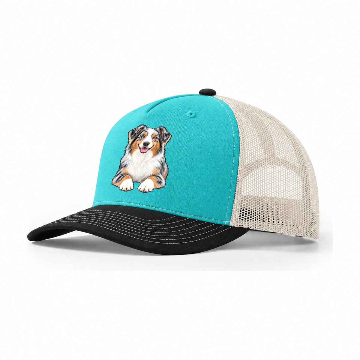 Blue Merle Mini Aussie Trucker Hat – Aqua Black White