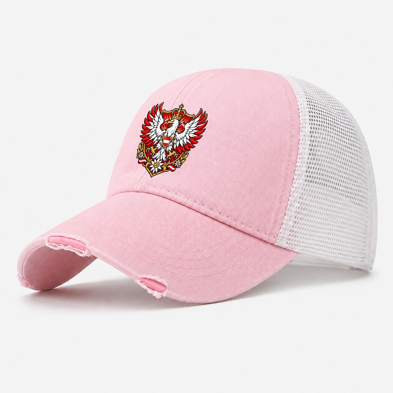 Austria Heraldic Crest Country Logos Washed Trucker Hat – Light Pink