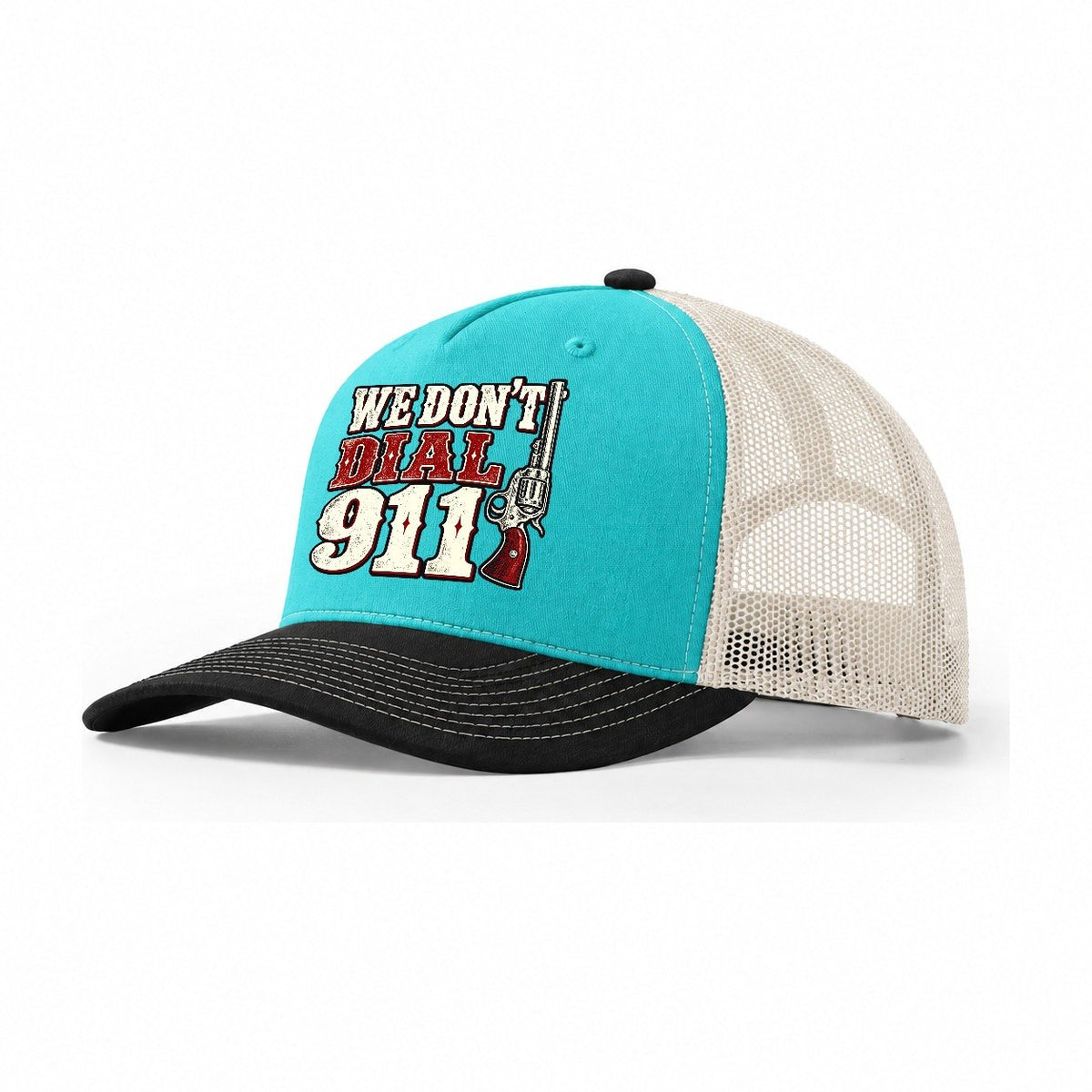 Frontier Letterpress We Don't Dial 911 Trucker Hat – Aqua Black White
