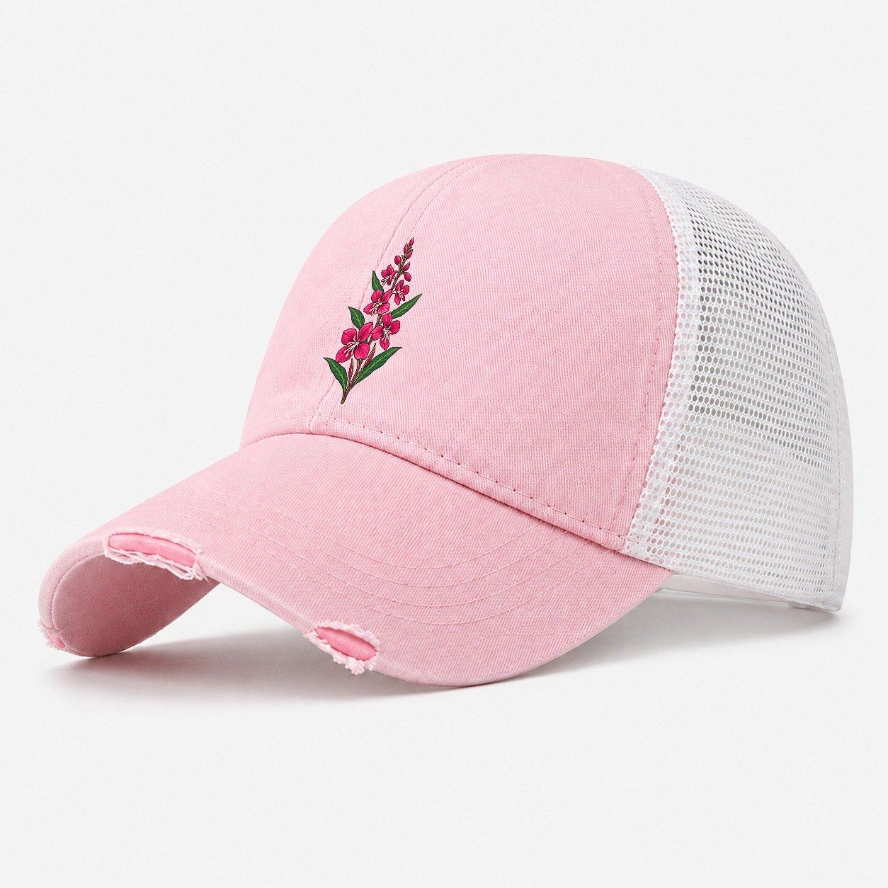 Yukon Fireweed Spike Canada Cultural Icons Washed Trucker Hat – Light Pink