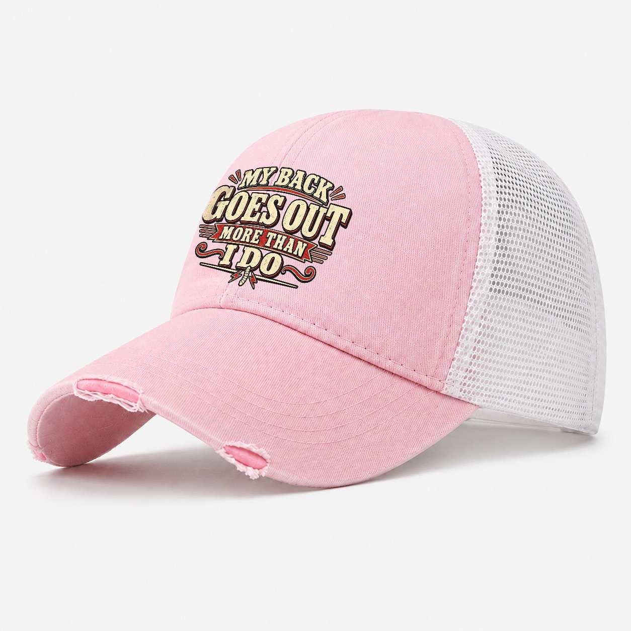 My Back Goes Out More Than I Do American Wit Washed Trucker Hat – Light Pink