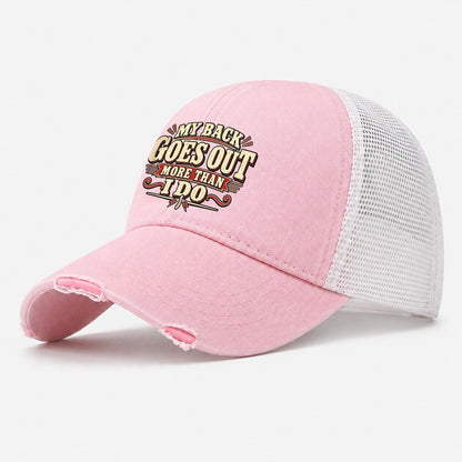 My Back Goes Out More Than I Do American Wit Washed Trucker Hat – Light Pink