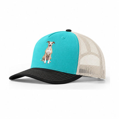 Whippet Sitting Top Breeds Trucker Hat – Aqua Black White